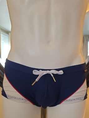 Andrew Christian Navy Blue, White & Red Swim Trunks